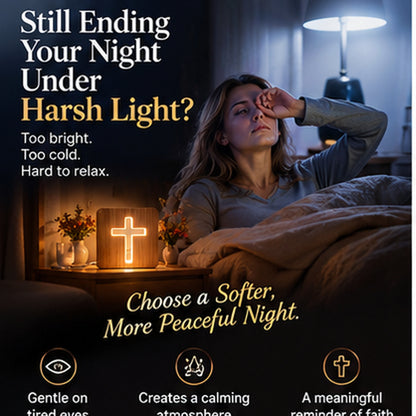 Faith-Inspired Wooden Cross Bedside Lamp – Warm LED Night Light for Bedroom, Prayer & Christian Gifts