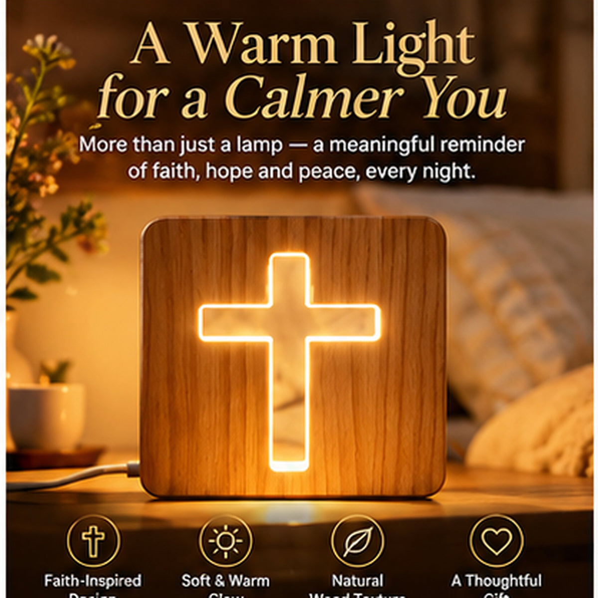 Faith-Inspired Wooden Cross Bedside Lamp – Warm LED Night Light for Bedroom, Prayer & Christian Gifts