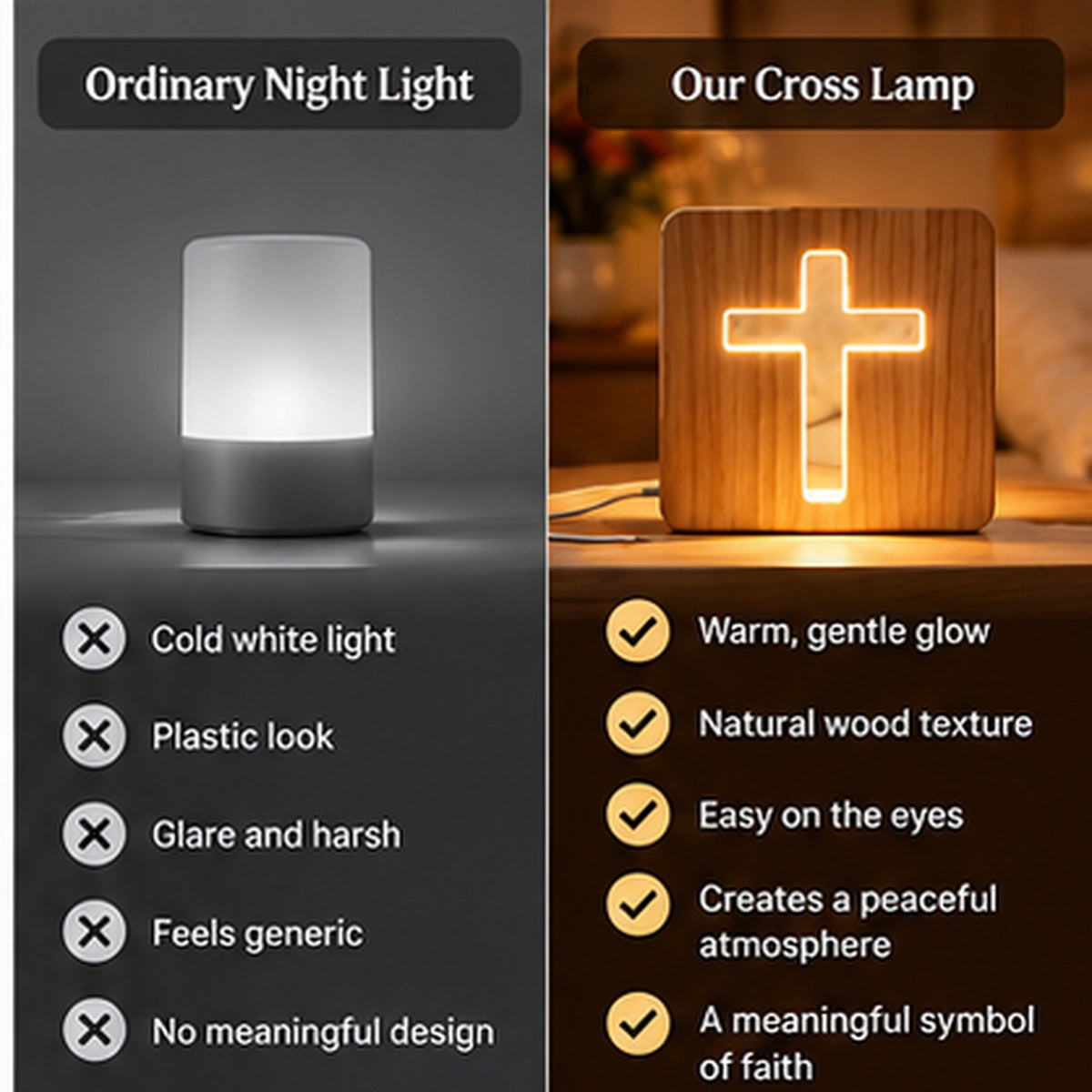 Faith-Inspired Wooden Cross Bedside Lamp – Warm LED Night Light for Bedroom, Prayer & Christian Gifts