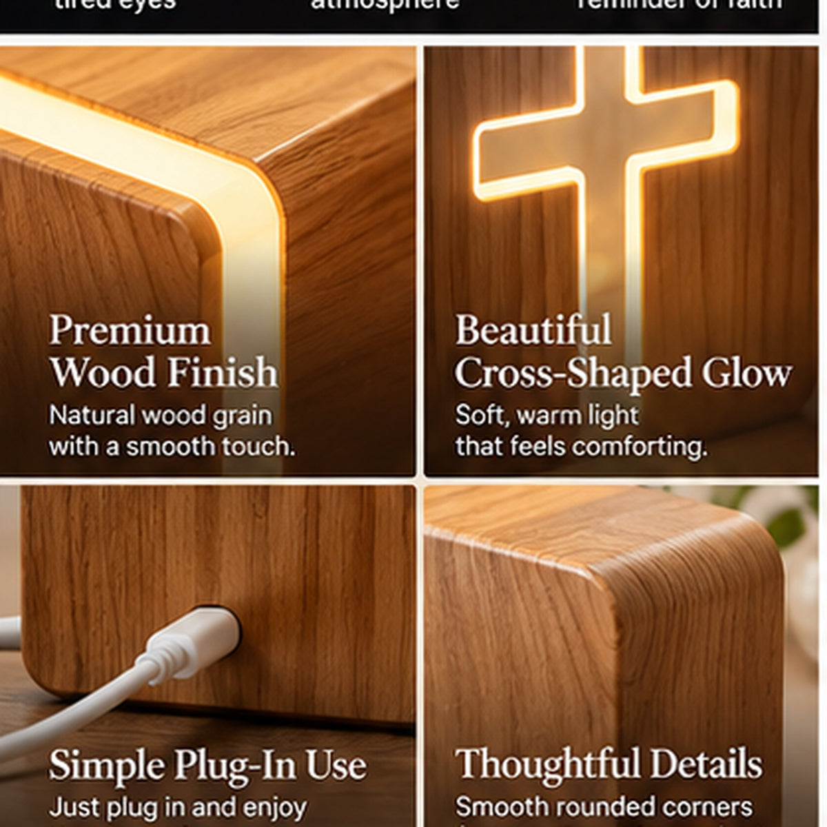 Faith-Inspired Wooden Cross Bedside Lamp – Warm LED Night Light for Bedroom, Prayer & Christian Gifts