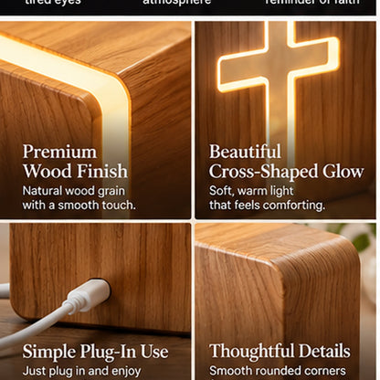 Faith-Inspired Wooden Cross Bedside Lamp – Warm LED Night Light for Bedroom, Prayer & Christian Gifts