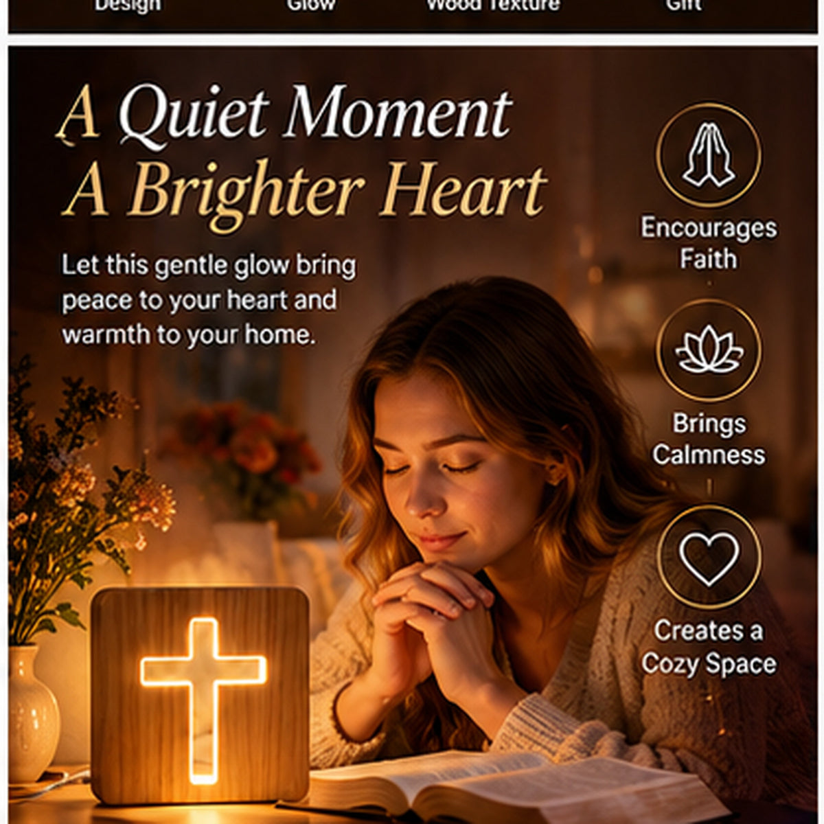 Faith-Inspired Wooden Cross Bedside Lamp – Warm LED Night Light for Bedroom, Prayer & Christian Gifts