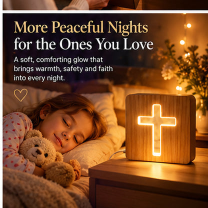 Faith-Inspired Wooden Cross Bedside Lamp – Warm LED Night Light for Bedroom, Prayer & Christian Gifts