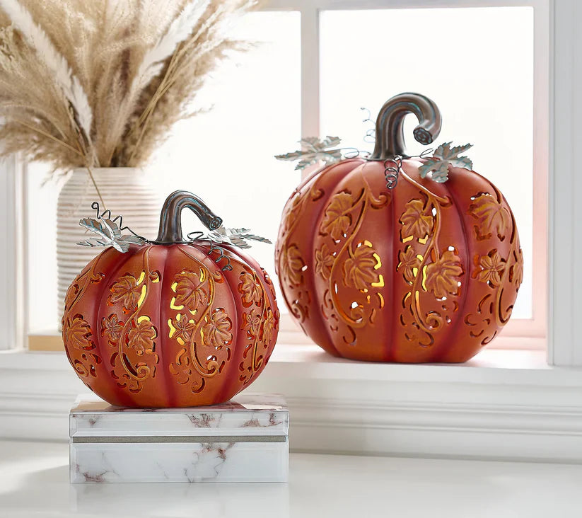 Set of 2 Indoor/Outdoor Illuminated Pumpkins and Oversized Lit Gourd by Valerie