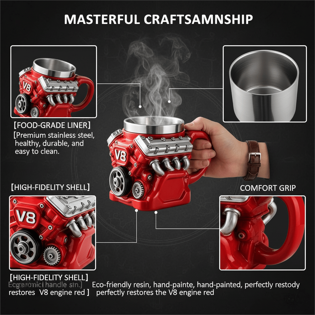 🔨✨Retro V8 Engine Coffee Mug – Realistic Design, Stainless Steel Construction